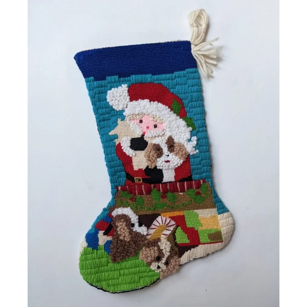 Vintage Needlepoint Christmas Stocking‎ Handmade Santa in Chimney Kitsch Retro